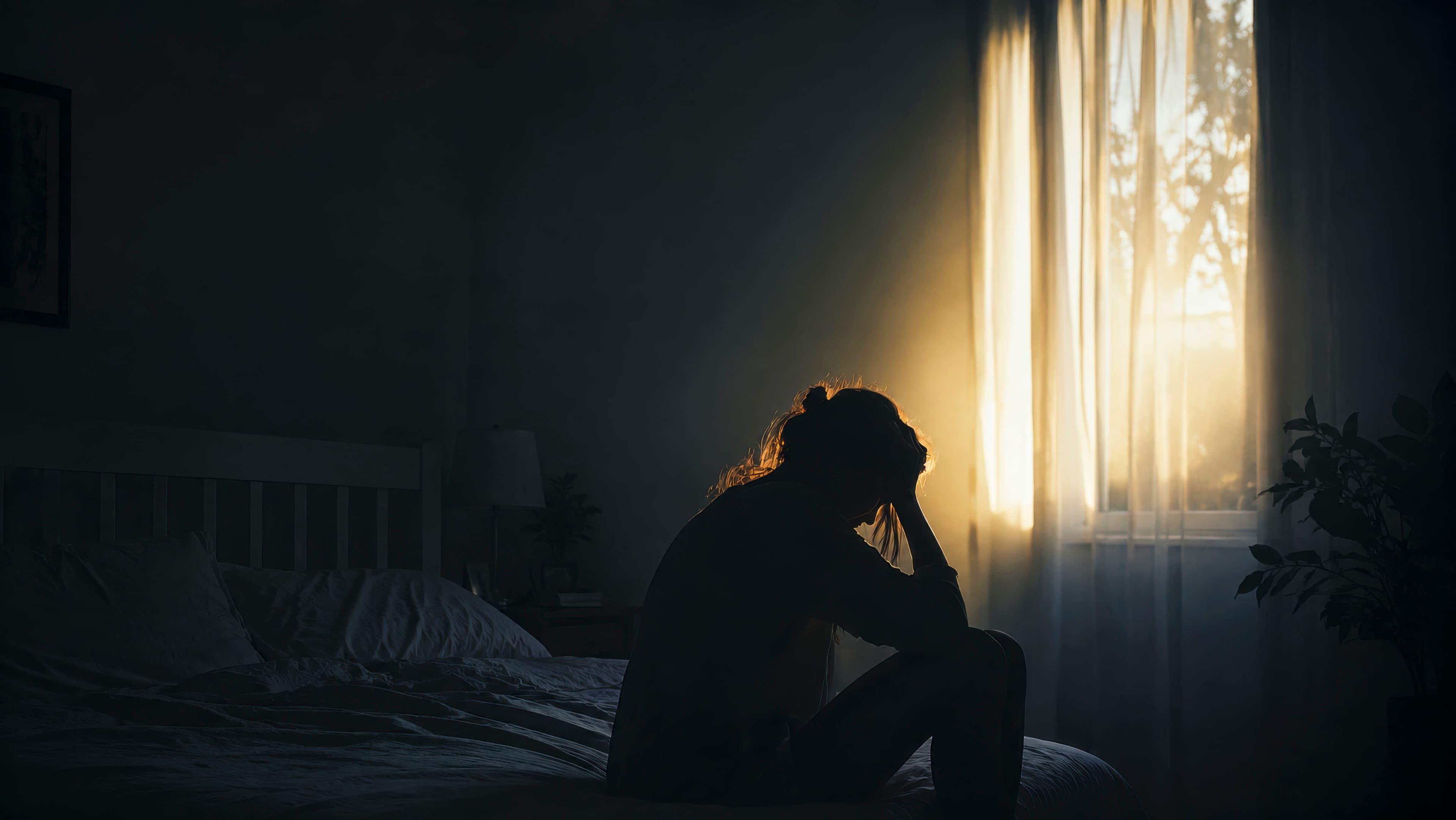 A woman sitting on the edge of a bed with her head in her hands, in silhouette against a window at dusk