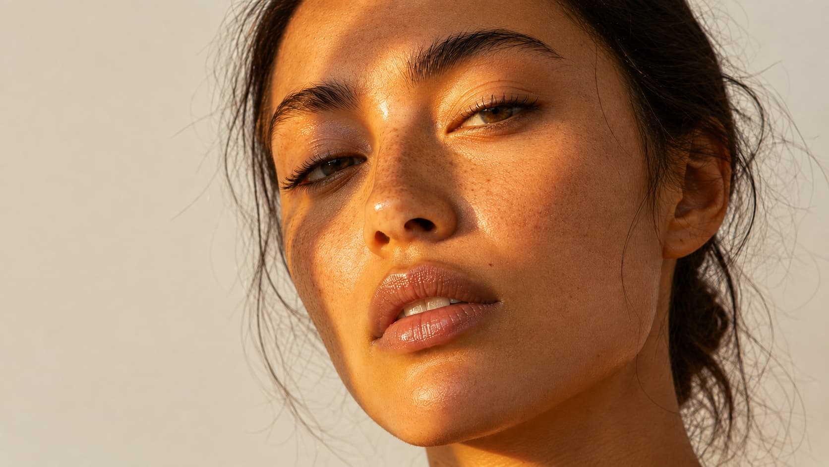 A woman in warm sunlight looking directly at the camera, head tilted back