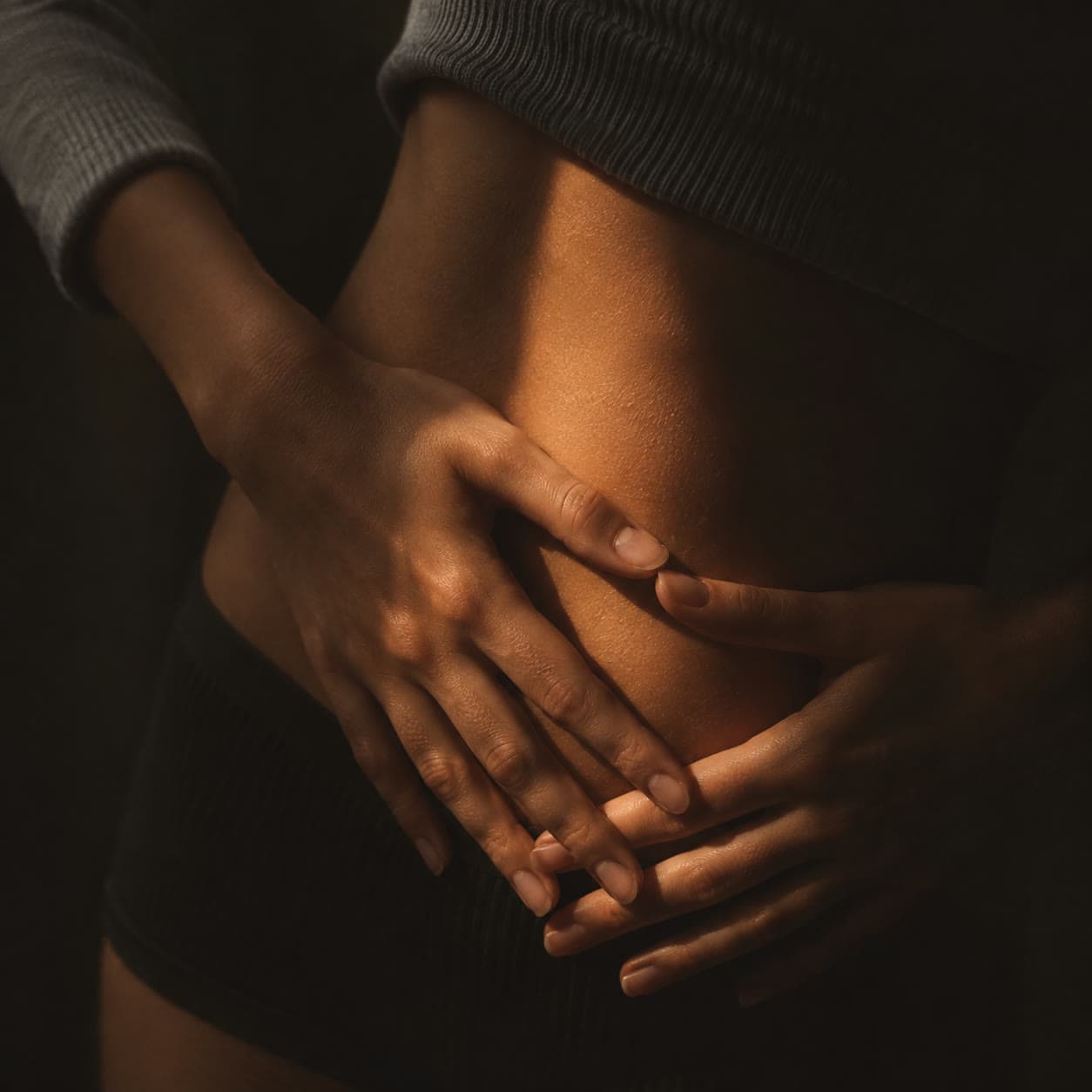 Hands resting on a bare abdomen in low warm light